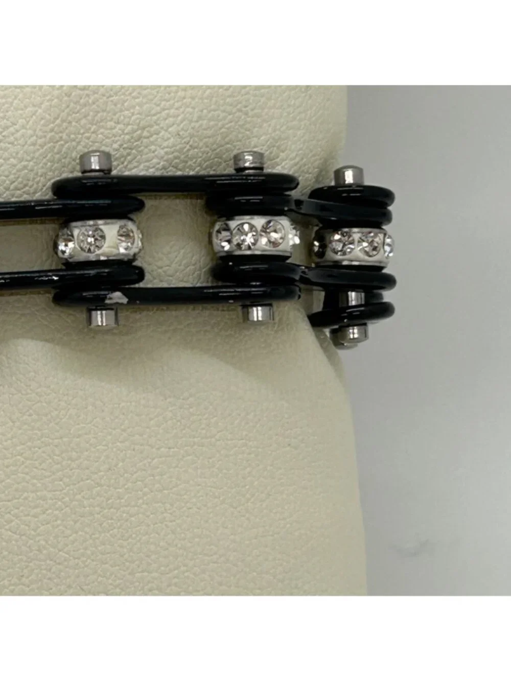 Black Stainless Steel Motorcycle Bike Chain Bracelet With Rhinestone Studs - Picture 6 of 11